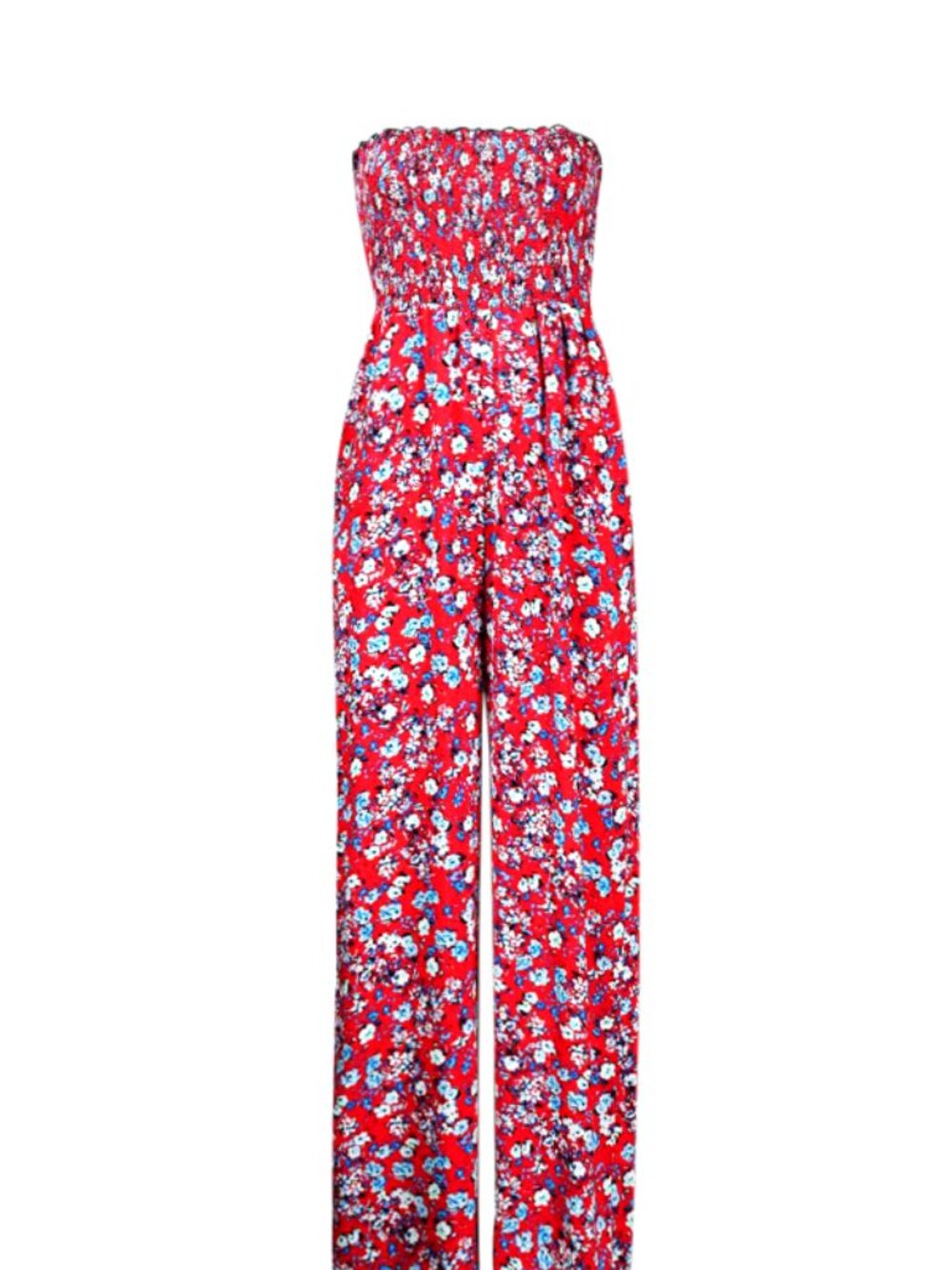 Trendmakers Smocked Bodice Floral Rayon Empire Waist Jumpsuit